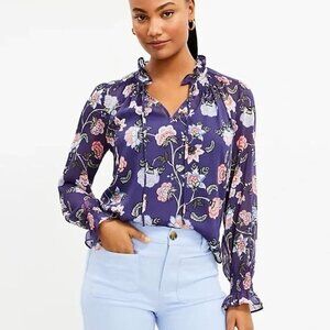 LOFT Floral Ruffle Tie Neck Blouse